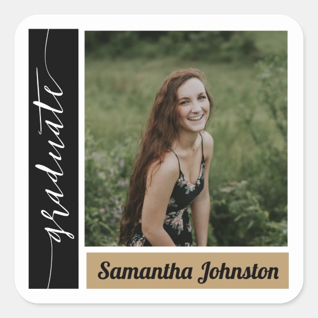 Adesivo Quadrado Graduação de Foto em Bloco Moderno Dourado (Frente)