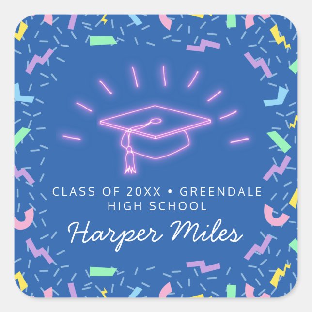Adesivo Quadrado Graduação de néon rosa dos anos 80 (Frente)