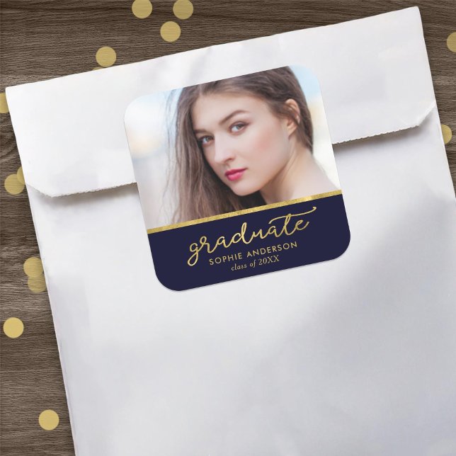 Adesivo Quadrado Graduação do Formando de Foto Azul e Dourada (Criador carregado)