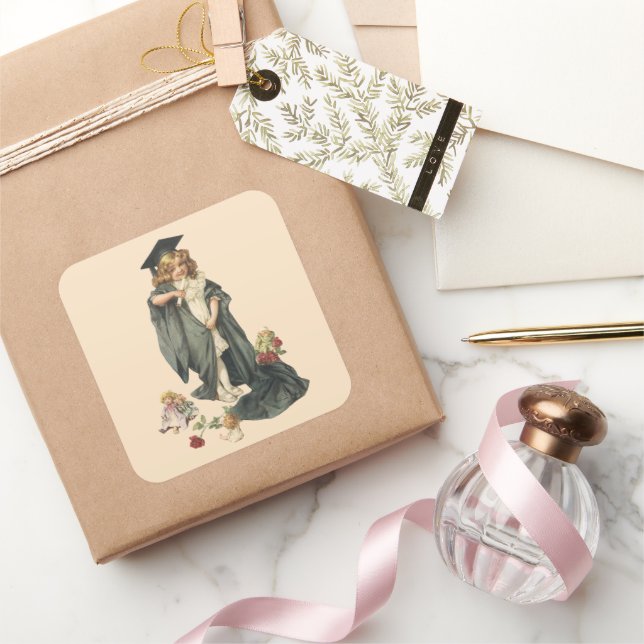 Adesivo Quadrado Graduação em Vintage, Garota Vestindo um Boné e um (Presentear)