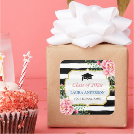 Adesivo Quadrado Graduação - Floral Black White Stripe