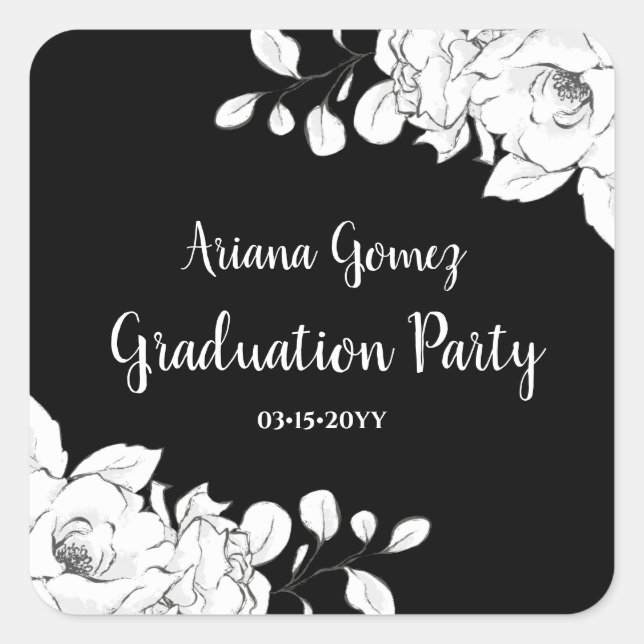 Adesivo Quadrado Graduação Floral Branca E Preta Moderna Chic (Frente)