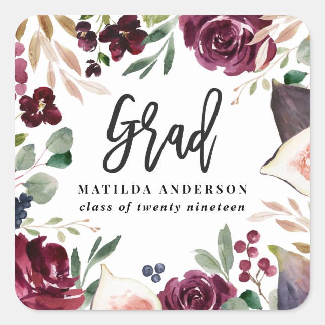 Adesivo Quadrado Graduação floral de aquarela púrpura (Frente)