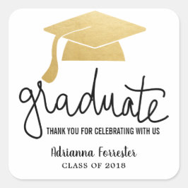 Adesivo Quadrado Graduação Hat Faux Gold Foil Obrigado