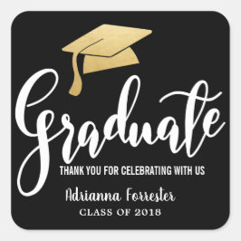 Adesivo Quadrado Graduação Hat Faux Gold Foil Obrigado | Preto