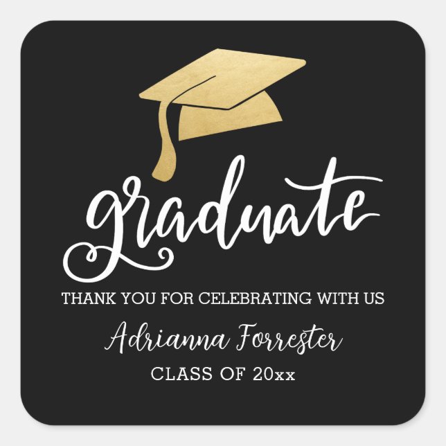 Adesivo Quadrado Graduação Hat Faux Gold Foil Script Casual (Frente)