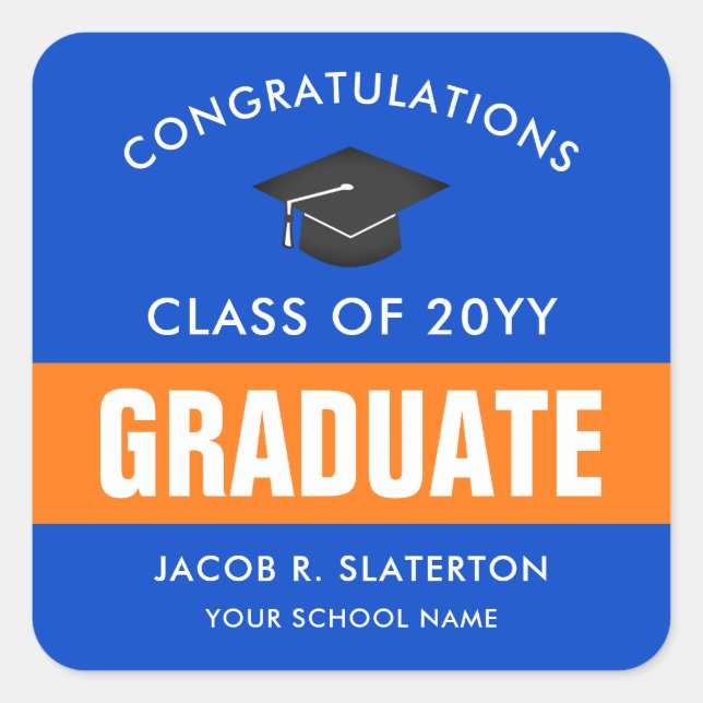 Adesivo Quadrado Graduação Personalizada Laranja e Azul (Frente)