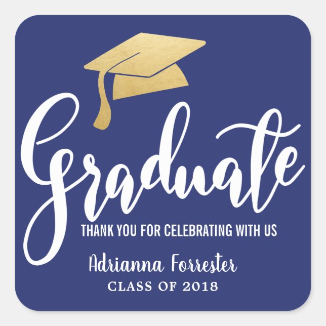Adesivo Quadrado Graduação Que Folha de Ouro Faux Obrigado Marinho  (Frente)
