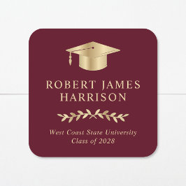 Adesivo Quadrado Graduação Vermelha Elegante do Boné Dourado Burgun