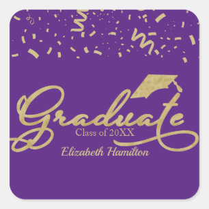 Adesivo Quadrado Graduado Folha de Ouro Festa de Formatura Roxo
