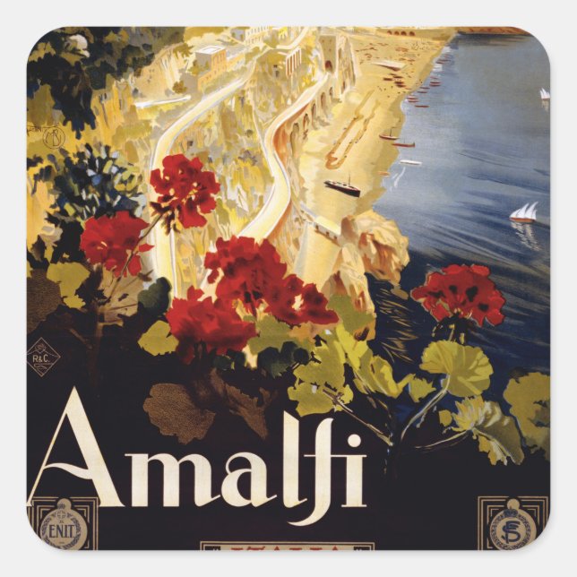 Adesivo Quadrado Gráfico de Arte do Poster de viagens Amalfi Itália (Frente)