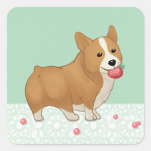 Adesivo Quadrado Gráfico de Corgi Galês e Morangos