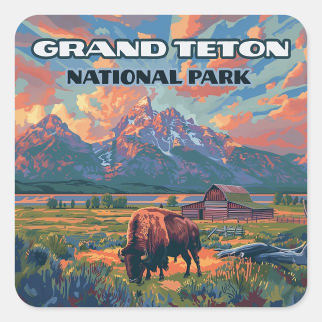 Adesivo Quadrado Grand Teton National Park Mounties Bison Wyoming (Frente)