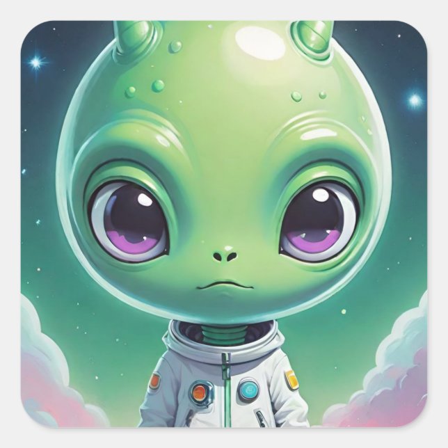 Adesivo Quadrado Grande alienígena verde com chifres (Frente)