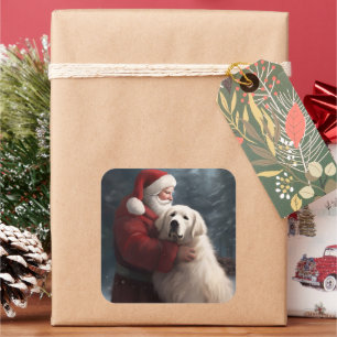 Adesivo Quadrado Grandes Pirenéus Com Papai Noel Natal Festivo