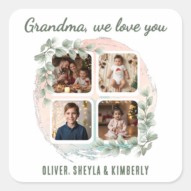 Adesivo Quadrado Grandma we love you 6 Photo Collage Eucalyptus (Frente)