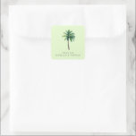 Adesivo Quadrado Grateful Green Tropical Palm Tree<br><div class="desc">This wedding sticker features a serene tropical design with a single, centered palm tree on a soft pastel green background. The elegant serif typography below the tree reads "thank you, " expressing gratitude in an understated manner. The color palette of lush greens and warm browns creates a calming and inviting...</div>