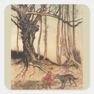 Adesivo Quadrado Gravura vintage de Chapeuzinho Vermelho e Lobo de