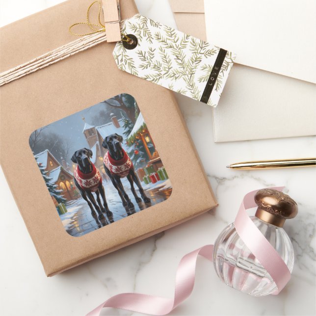 Adesivo Quadrado Great Dane Dogs Christmas Snow Holiday (Presentear)