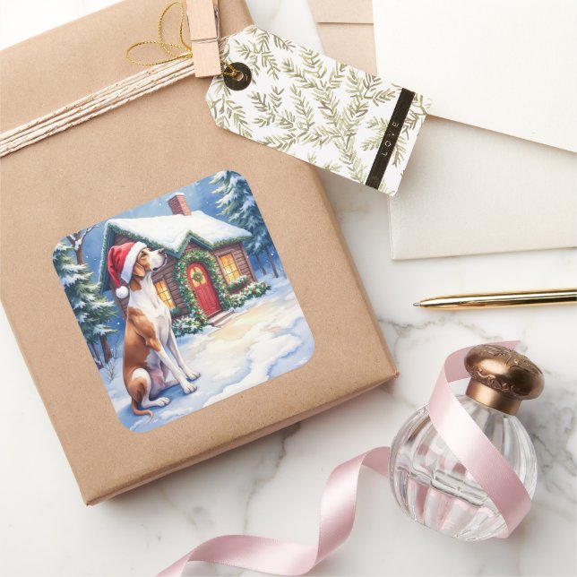Adesivo Quadrado Great Dane Snowy Cabin Santa Hat Christmas Art (Presentear)