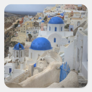 Adesivo Quadrado Grécia, Santorini. Torre de celular e domos azuis