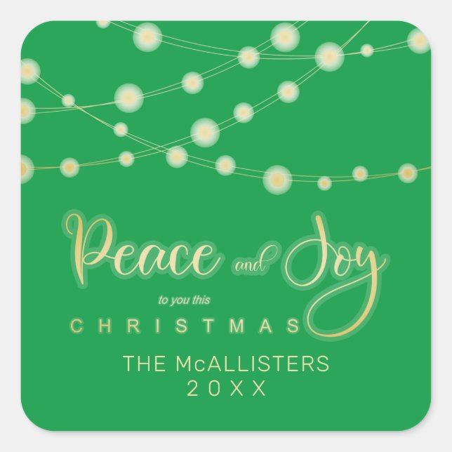 Adesivo Quadrado Green Christmas Lights Peace Joy Whimsical Script (Frente)