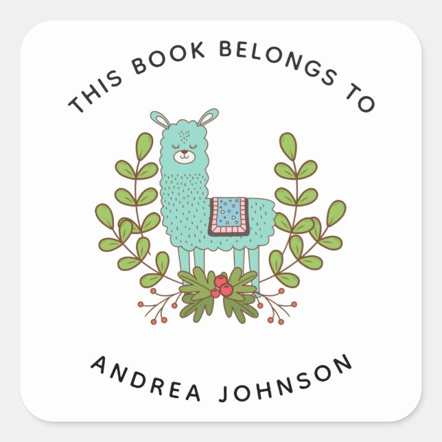 Adesivo Quadrado Green Llama Cute Funny Animal Kid's Name (Frente)