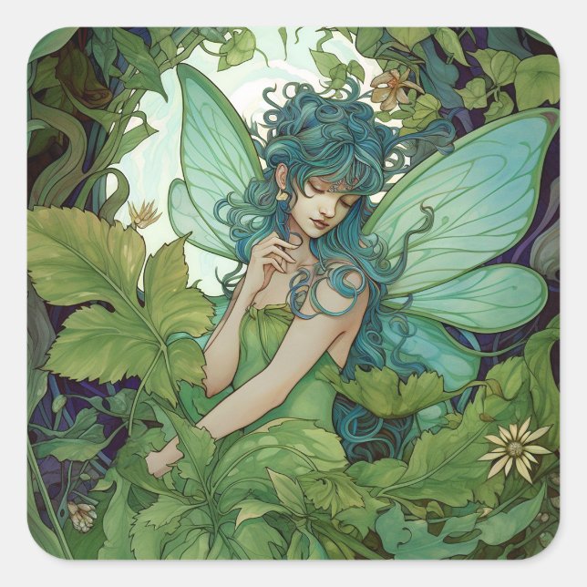 Adesivo Quadrado Green Woodland Fairy Fantasy Art (Frente)