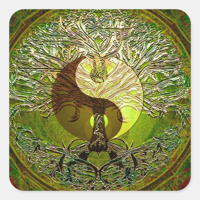 Adesivo Quadrado Green Yin Yang Mandala com Árvore da Vida (Frente)