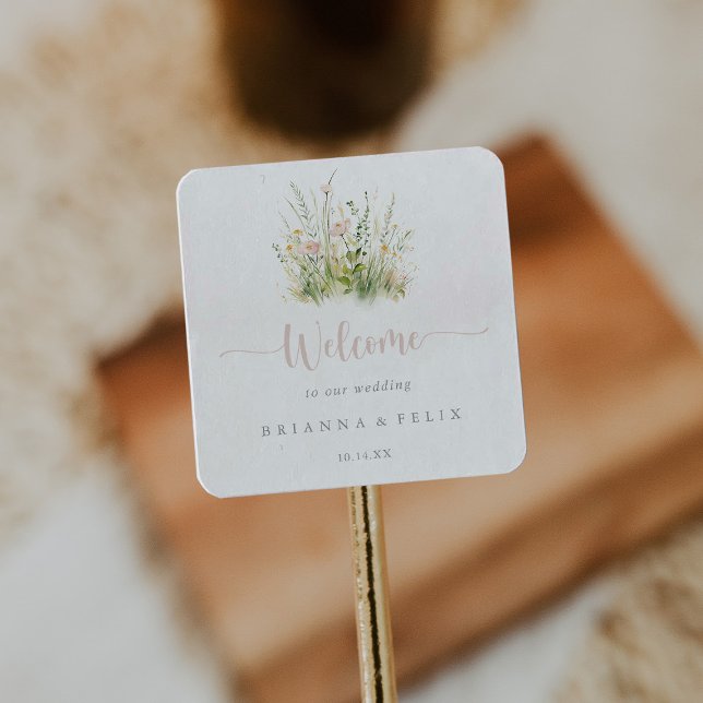 Adesivo Quadrado Greenery Boho Wildflower Wedding Bem-vindo (Criador carregado)