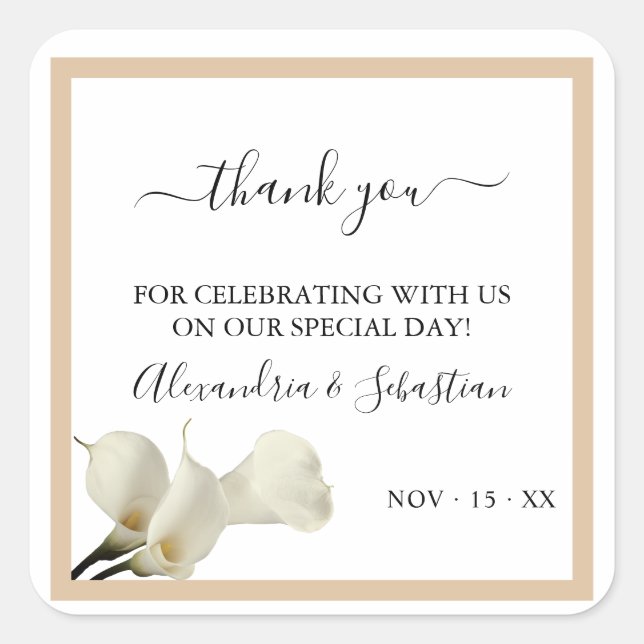 Adesivo Quadrado Greenery Calla Lily Casamento Obrigado (Frente)