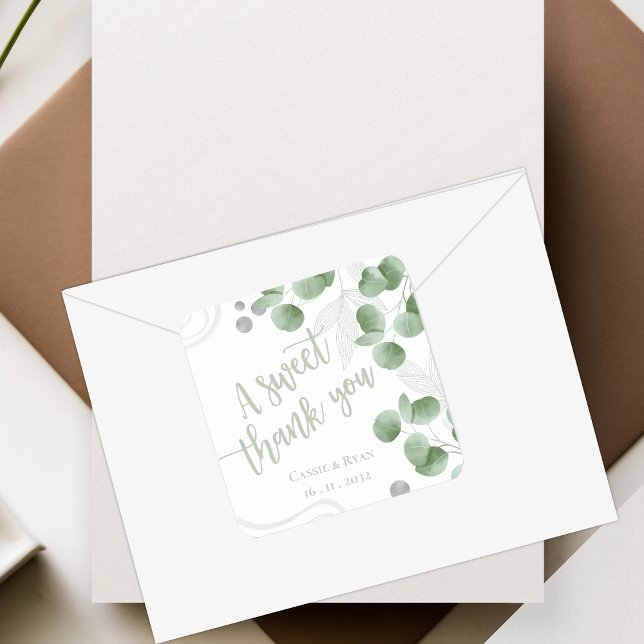 Adesivo Quadrado Greenery Eucalyptus deixa casamento Obrigado (Greenery Eucalyptus Leaves Wedding Thank You Square Sticker)