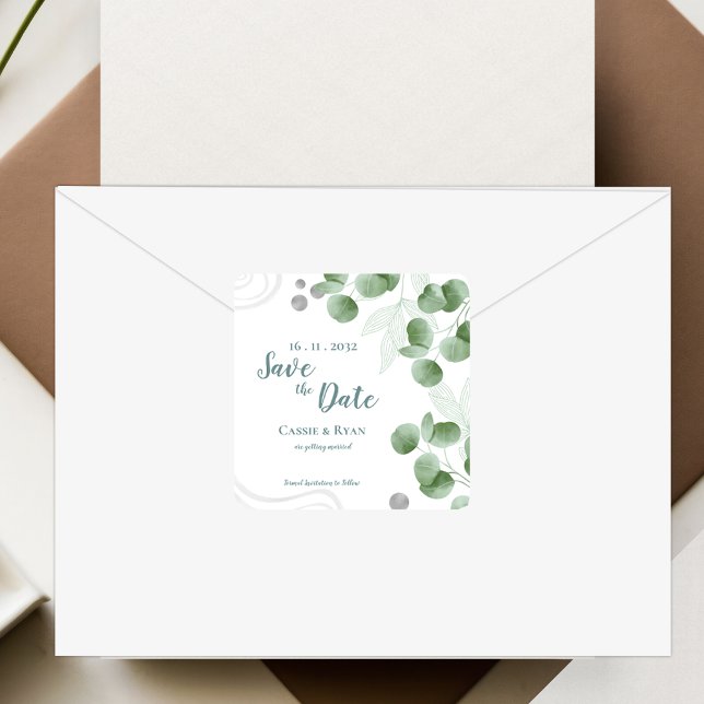 Adesivo Quadrado Greenery Eucalyptus deixa casamento Salvar a data (Greenery Eucalyptus Leaves Wedding Save the Date Square Sticker)