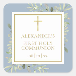 Adesivo Quadrado Greenery Floral Dusty Blue First Holy Communion
