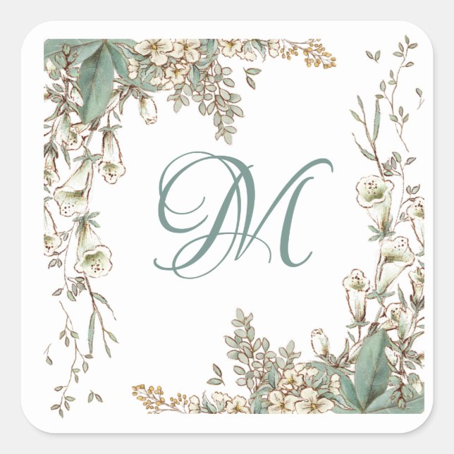 Adesivo Quadrado Greenery Floral Garland Script Monograma Elegante (Frente)