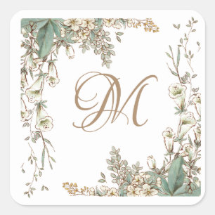 Adesivo Quadrado Greenery Floral Garland Script Monograma Elegante