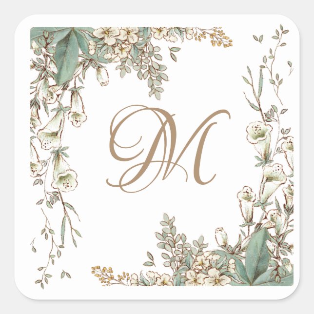 Adesivo Quadrado Greenery Floral Garland Script Monograma Elegante (Frente)