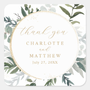 Adesivo Quadrado Greenery Obrigado Casamento Dourado