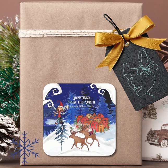 Adesivo Quadrado Greeting from the North Moose Village (Greeting from the North Moose Village Square Sticker)