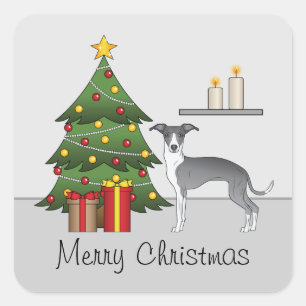 Adesivo Quadrado Greyhound Italiano Azul e Branco & Árvore de Natal