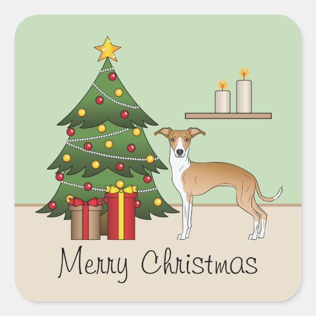 Adesivo Quadrado Greyhound Italiano Branco E Árvore De Natal (Frente)