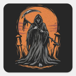 Adesivo Quadrado Grim Reaper Cartoon in Sunset Graveyard