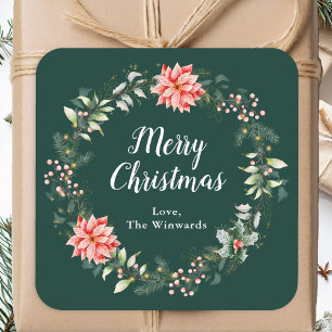 Adesivo Quadrado Grinalda de Natal de Poinsettia Vermelha Feliz Nat