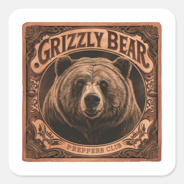 Adesivo Quadrado Grizzly Bear Preppers Club (Frente)