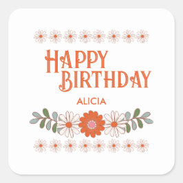 Adesivo Quadrado Groovy Daisy Hippie Flora Leaf Feliz Aniversário