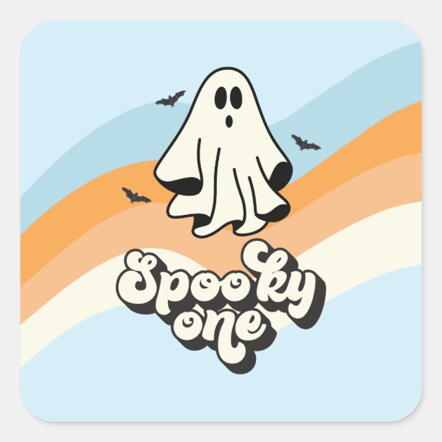 Adesivo Quadrado Groovy Ghost retro Halloween Spooky Um Azul (Frente)