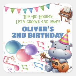 Adesivo Quadrado "Groovy Hippo Birthday Bash Bonanza!" Convite