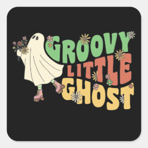 Adesivo Quadrado Groovy Little Ghost com Flores Vintage no Hallowee