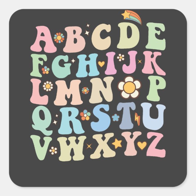 Adesivo Quadrado Groovy Pre K Kindergarten Alphabet ABC Retro (Frente)