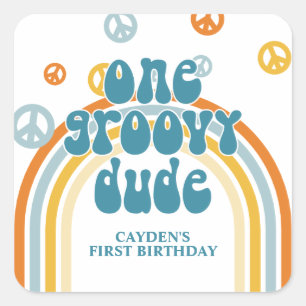 Adesivo Quadrado Groovy Um Menino Retro Primeiro Aniversário